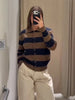 Women's Striped Knitted Cardigan Coat Female Long Sleeve Polo Collar Single Breasted High Street Casual Short Jacket