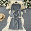 Brand Autumn Winter Women Knitted Long Dress Pearls O-neck A-line Sweater Dress Office Lady Vestido