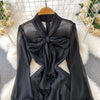 Retro Elegant V-neck ruffle lace-up pleated long sleeve A-line Casual High Waist Dress Women Autumn Dress