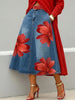 Streetwear Women's Red Floral Print Denim Midi Skirt High Waist A-Line Casual Swing Skirt Plus Size Flared Jean Skirt