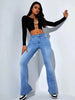 Women's Stylish Elegant Denim Flare Pants with Pocket, Casual Fit for All Seasons, Moderate Thickness Denim Trousers