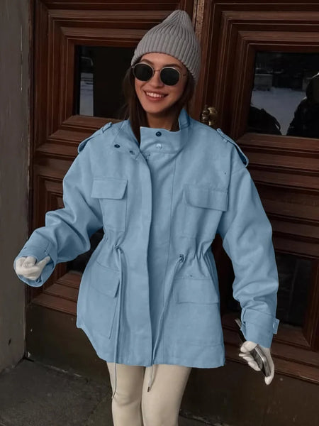 Drawstring Waist Button Women Cargo Jacket Long Sleeve Pockets Spring Casual Female Coat Street Commute Lady Outwear Tops
