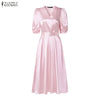 Women Silky Satin Party Midi Dress Elegant V-Neck Short Puff Sleeve Belted A-Line Dress Graceful Cocktail Vestidos Mujer