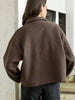 Brown Zipper Woolen Jacket For Women Elegant Lapel Long Sleeve Short Coats Vintage Autumn Lady Street Outerwear