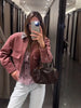 PU Leather Collar Corduroy Coat Elegant Long Sleeve Zipper Women's Cropped Jacket Spring Lady Outerwear Street