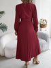 Spring Autumn Elegant Buttons V Neck Lantern Long Sleeve Lace Up Pleated Dress Khaki Blue Red Green Black Women Dresses