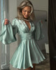 Elegant Party Satin Flare Long Sleeve Dress Women's Sexy Deep V Neck Solid Color Higt Waist Dresses Autumn short skirts