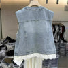 Spring Autumn lace Stitching Denim Vest Jacket Women's Korean Sleevele Waistcoat Cowboy Vest Coat Female Casual Ladies Tops