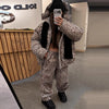 Winter Leopard Print Thicken Coat Pants Women Set Long Sleeve Zippers Hooded Jacket Wide Leg Trousers Lady Outfit