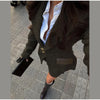 Blazer With Metal Buckle Belt High Waist Pleated Women Mini Skirt Lapel Contrast Pocket Herringbone 2 Piece Suit Vintage Pattern