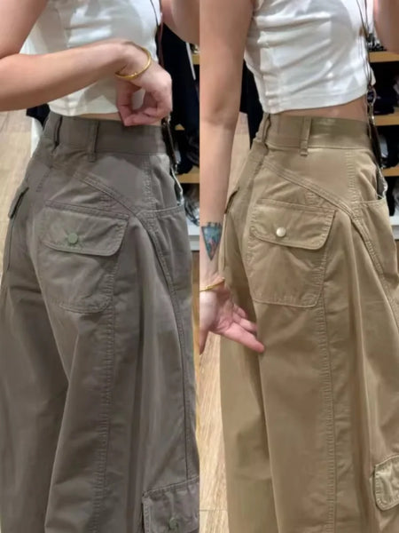 High Waist Straight Leg Workwear Trousers Women's Spring Autumn Casual American Style Multiple Pockets Loose Fit Wide Le