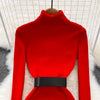 Elegant Turtleneck Long Sleeve Knit Soft Tight Pencil Dress with Belt Slim Warm Sweater Vestido Sexy Women Winter Robe