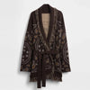 Jacquard Fringe Belted Wrap Knit Cardigan Lapel All Over Pattern Raw Fringe Autumn Winter Commute Lady Women Casual Coat