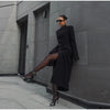 Black Tailored Long Coat Women Elegant Asymmetric Button Front Pockets Full Sleeve Criss-cross Neck Jacket Casual Outerwear