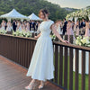 Women Circle Cut Out Back Dress Wide Shoulders and Fitted Waist Prom Dress Fluffy Hem Midi Wedding Party Dresses