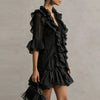 Solid Ruffle Mini Dresses Women Deep V Lace Splice Half Flare Sleeve Loose Irregular Hem Dress Autumn Party Elegant Casual Dress