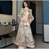 Floral Print Women Dress Button Down Mock Neck Maxi Dresses Long Lantern Sleeve A-Line Waist Belt Flared Hem Elegant Streetwear
