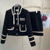 S-2XL Women Tweed Jacquard Black Suit Jacket Coat Top And Mini A Line Skirt Two Piece Set Elegant Outfit Winter Party Cloth