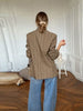 Diagonal Buckle Stand Collar Loane Taupe Asymmetrical Plaid Blazers Spring Casual Coats Vintage Woman's Outerwear Clothing