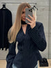Striped Print V-neck Ribbon Suit Coat For Women Long Sleeve Buttons Office Lady Top Elegant Female Blazer Outwear
