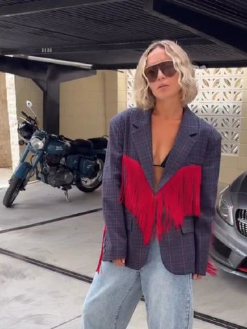 Vintage Plaid Blazer Jacket Women Contrast Red Fringe Patchwork Lapel Long Sleeve Oversized Coat Chic Casual Streetwear