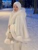 Women Furry Trim Hooded Cape Coat Warm Loose White Shawl Cloak Winter Evening Party Festival Elegant Lady Outfit