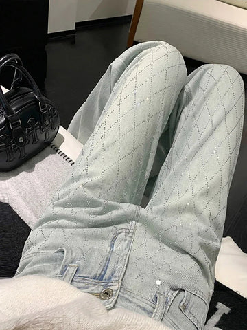 Women Blue Baggy Plaid Jeans Vintage Y2k Cowboy Pants Harajuku Aesthetic Denim Trousers Trashy Japanese 2000s Style Clothes