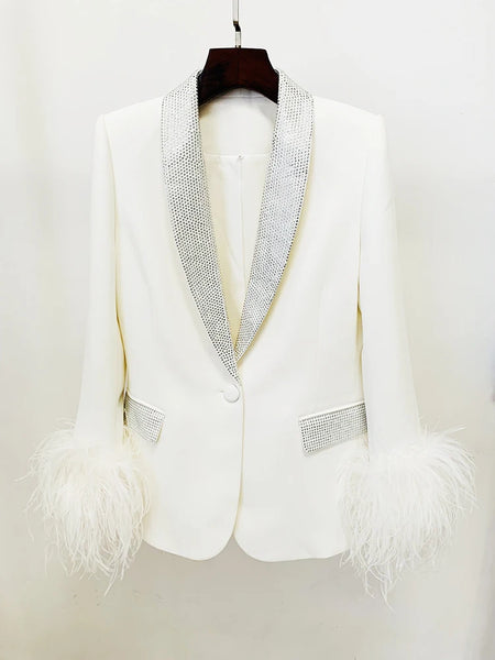 High Street Designer Jacket Women's Ostrich Real Feather Embellished Diamonds Shawl Collar Blazer
