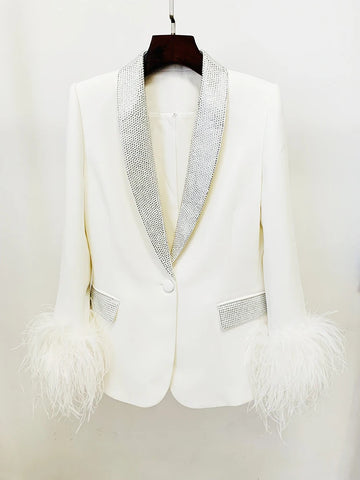 High Street Designer Jacket Women's Ostrich Real Feather Embellished Diamonds Shawl Collar Blazer
