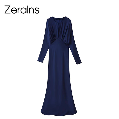 Zerains Early Autumn Women's Long Sleeve Round Neck Silk Satin Texture Long Midi Dress