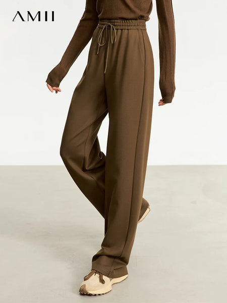Minimalism Casual Pants for Women Autumn Wide Leg Loose Vertical Elastic Waist Drawstring Sporty Trousers 12343338