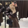 Ladies Winter Retro Fur Collar Leather Jacket V‑Neck Full Lapel Long Sleeve Double Breasted Urban Warm Casual Outer