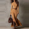 Casual O-neck Long Sleeve Suede Party Dress Elegant Side Split Solid Slim Long Dress Women With Belt Tie-Up Maxi Dress