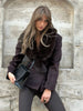 Women Big Faux Fur Lapel V‑Neck Wool Blend Blazer Jacket Double Button Fitted Waist Long Sleeve Elegant Outerwear Coat