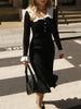 Ruffled Patchwork Knit Maxi Dress For Women Elegant Ribbed Long Sleeve Party Dress Gown Slim Knitwear Long Dress