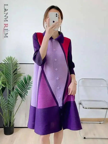 Plaid Printing Pleated Dress For Women Lapel Single Breasted Contrast Color Stitching Dresses 2R1060