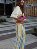 Colorful Striped Wide Leg Trousers Women Bohemian High Waist Multi-color Panelled Slim Straight Pants Lady Beachwear