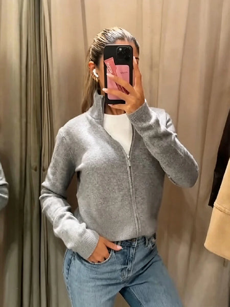 Grey Stand Collar Knit Cardigan Women's Full Sleeve Zippers Pocket Coats Autumn Lady Daily Casual Streetwear
