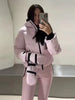 Women Pocket Long Sleeve Zipper Hooded Skiing Cotton-padded Drawstring Jacket+High Waist Casual Winter Pant Set