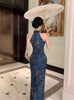 Chinese Style Woman Jacquard Satin Shoulder Digging Improved Slim Fit Cheongsam Printed Waist Cinching Dress Long S