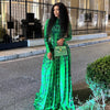 Women's Retro Print Turtleneck Long Sleeve Waistband Pleated Big A-Line Long Dress