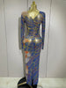 Sparkly Rhinestone Stretchy Mesh See Through Long Dress Women Birthday Party Performance Nightclub Stage Costume
