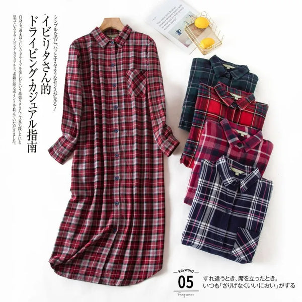 Spring Autumn Women Casual Plaid Night Dress Female 100% Cotton Nightgown Long Sleeve Sleepshirts Large Size Home Dress