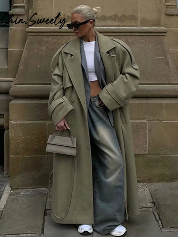 Urban Solid Double Breasted Long Women Coat Loose Full Sleeve Belt Double Breasted Female Jacket Autumn Winter Lady Top