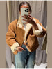 Chic Faux Suede & Fur Reversible Jacket For Women Lapel Single Breasted Pocket Coat Lady Winter Warm Outerwear