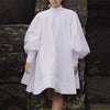 Women's White Stand Collar Pleated Mini Dresses Long Puff Sleeves Buttoned Oversized Casual Cotton Shirts Dress