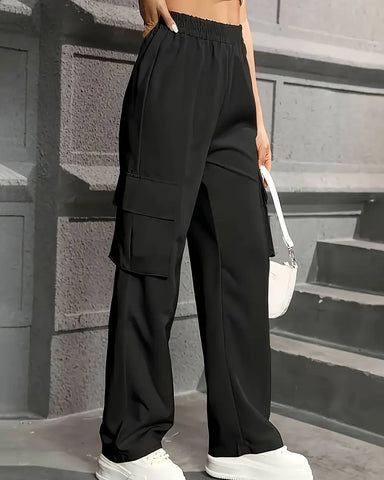 Elastic Waist Workwear Pants High Waist Wide Leg Pants Loose Solid Color Casual Sports Pants Women's Sportswear