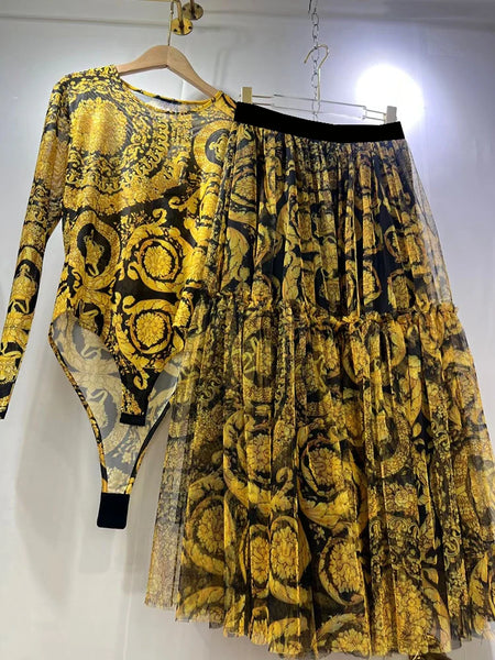 Designer retro geometric print knitted elastic one-piece tights two-piece spring women's dress+loose gauze skirt suit