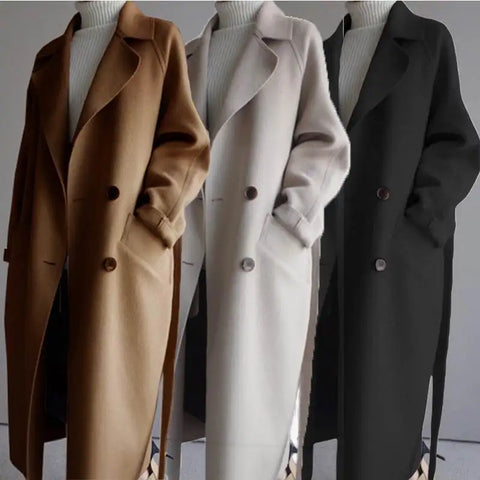 Women Woolen Coat Autumn Spring Long Loose Knee-Length Waist-Cinched Tweed Coat Women's Clothing