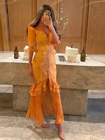 Elegant Ruffle Women's Long Dresses V Neck Half Sleeve Button Waist Cinching Pleated Dress Spring Lady Party Robes
